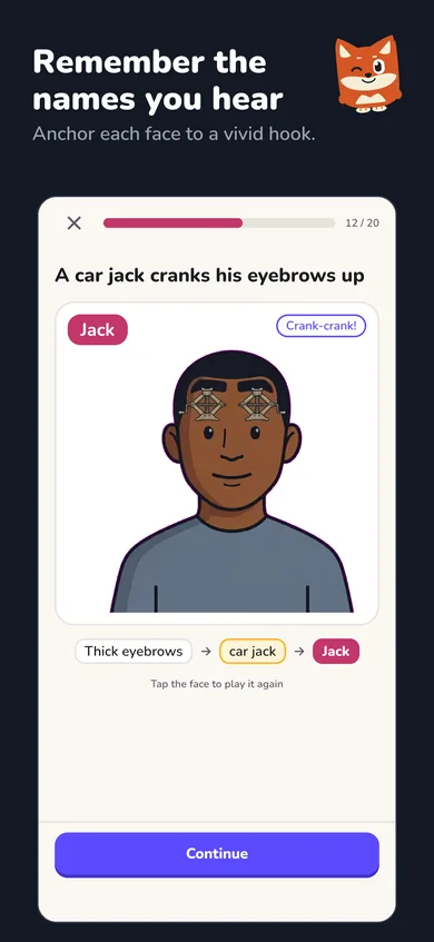 A lesson screen: the name Jack is linked to thick eyebrows through a car jack cranking them up.