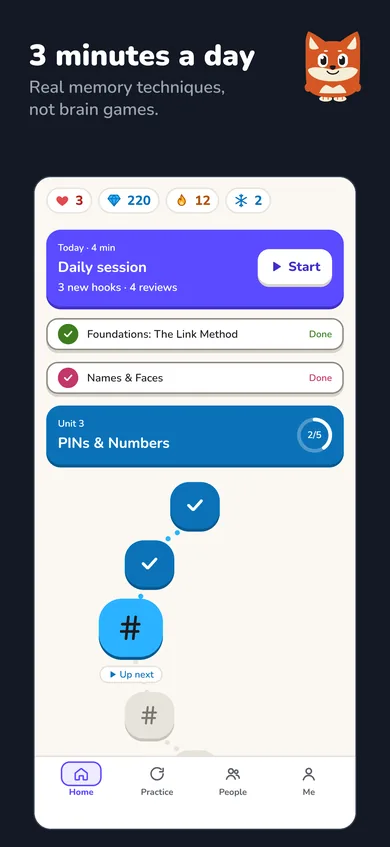 The home screen: a daily session of about 4 minutes with new hooks and reviews, and a path through the units.