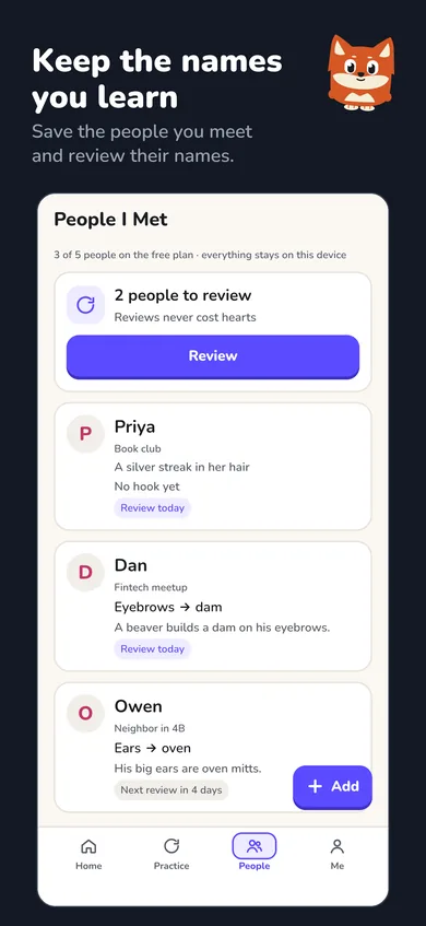 The People I Met list: Priya from book club, Dan from a fintech meetup and Owen the neighbor, each with a feature and a hook.